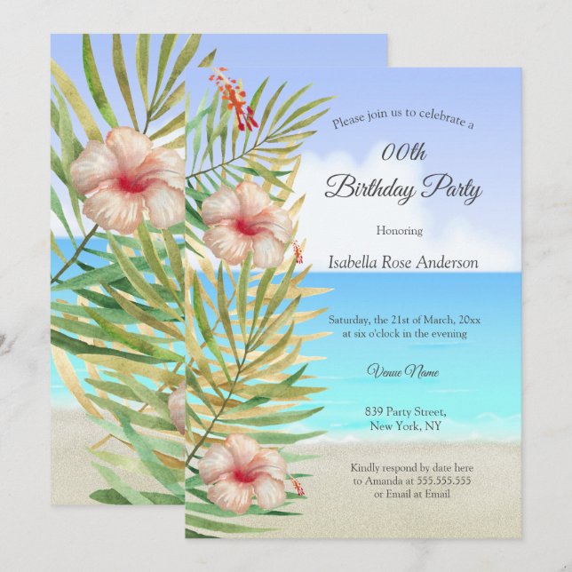 Invitation Turquoise hibiscus tropique Palm Beach fête d'anni (Devant / Derrière)