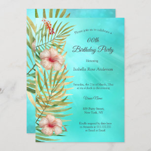 Invitation Turquoise hibiscus tropique Palm Gold fête d'anniv