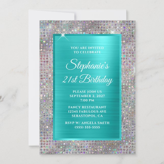 Invitation Turquoise Holo Diamond Studded Foil 21e anniversai (Devant)