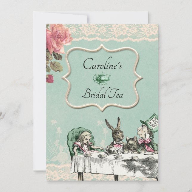 Invitation Turquoise Lace Alice Wonderland Tea Party Fête des (Devant)