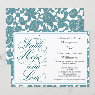 Invitation Turquoise Lace Script Faith Hope & Love Mariage