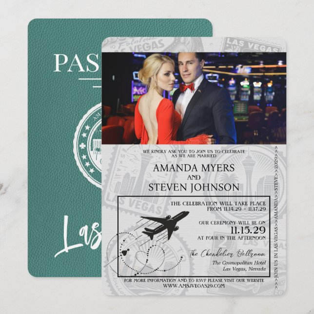 Invitation Turquoise Las Vegas Passport Mariage (Devant / Derrière)