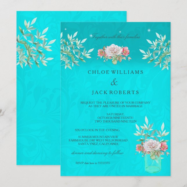 Invitation Turquoise mariage Floral Mason Jar Rose Rose Rose  (Devant / Derrière)