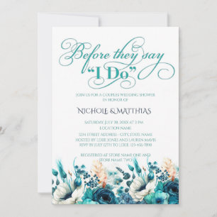 Invitation Turquoise Marine Blue Floral Couples Wedding showe