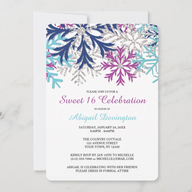 Invitation Turquoise Marine Orchidée Snowflakes Sweet 16 (Devant)
