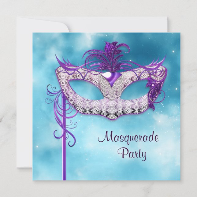 Invitation Turquoise mascarade bleue et violet (Devant)