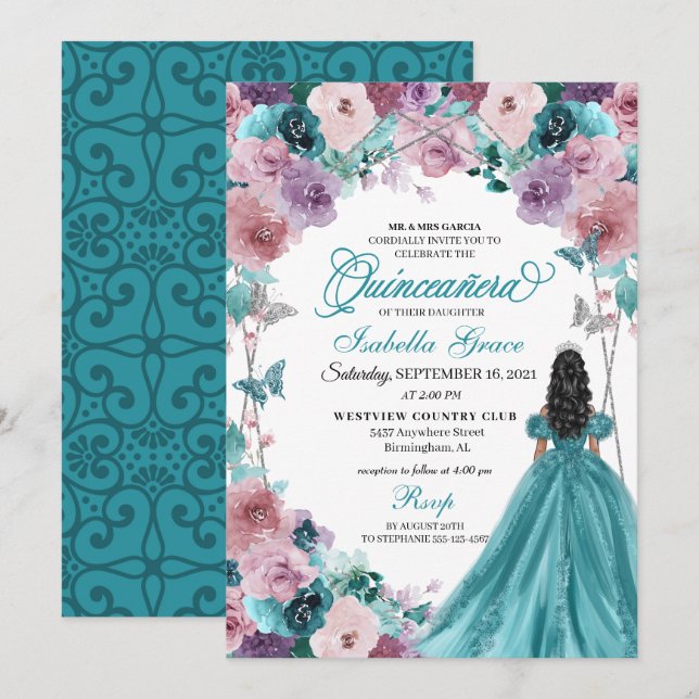 Invitation Turquoise & Mauve Coucher de soleil Quinceanera Pr (Devant / Derrière)
