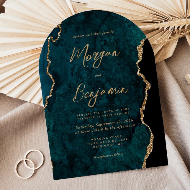 Invitation Turquoise moderne Agate Bleu Script Arch Mariage (Créateur téléchargé)