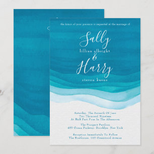 Invitation Turquoise, moderne Aquarelle Waves Mariage