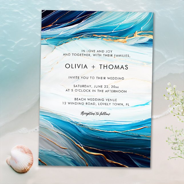 Invitation Turquoise moderne Gold Ink Ocean Wave Mariage (Créateur téléchargé)