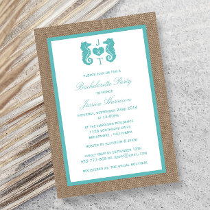 Invitation Turquoise Monogram Hippocampe Plage Enterrement de