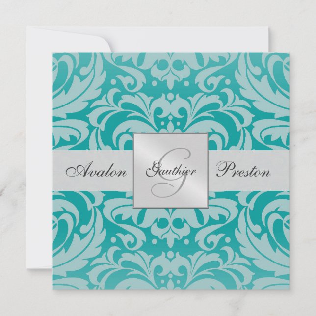 Invitation Turquoise Monogramme Mariage damassé (Devant)