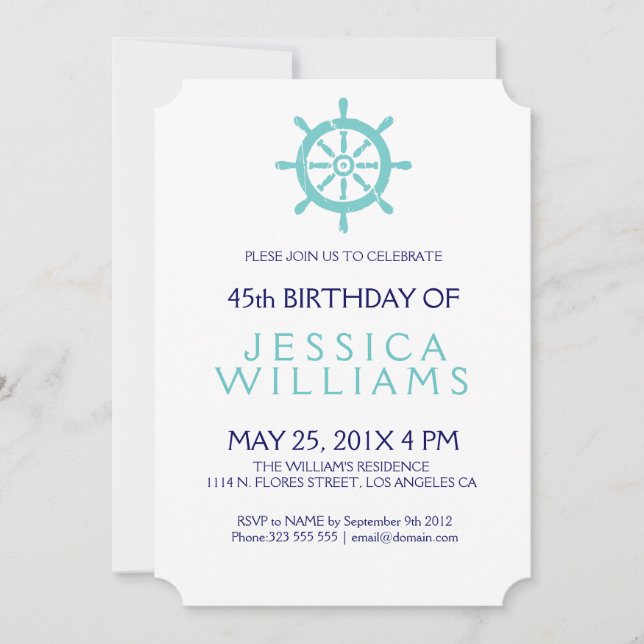 Invitation Turquoise Nautical Boat Wheel Anniversaire Invitat (Devant)