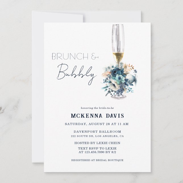 Invitation Turquoise Navy Blue Floral Brunch et Bubbly (Devant)