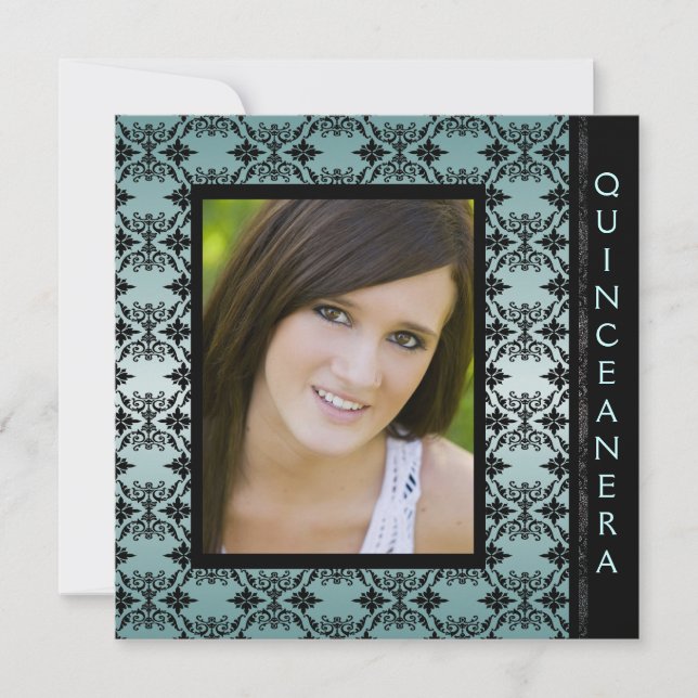 Invitation Turquoise noir Damas photo Sweet 15 Quinceanera (Devant)