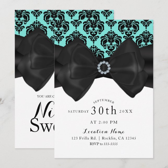 Invitation Turquoise & noir Damask Bow Glam Chic Sweet 16 Par (Devant / Derrière)