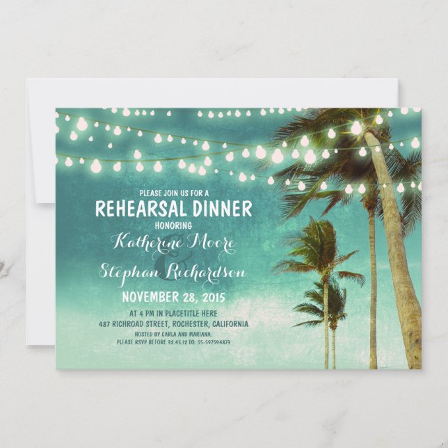 Invitation turquoise ombre plage répétition dîner lumières à  (Devant)