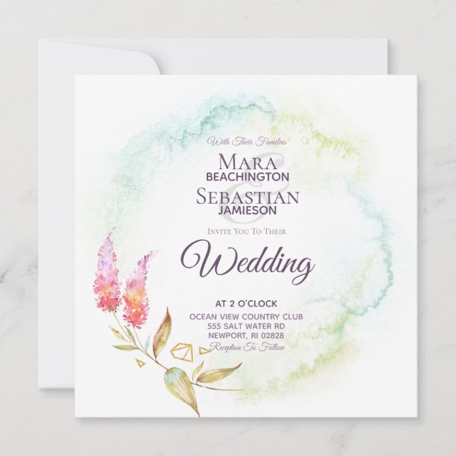 Invitation ~ Turquoise or Aquarelle Mariage floral élégant (Devant)