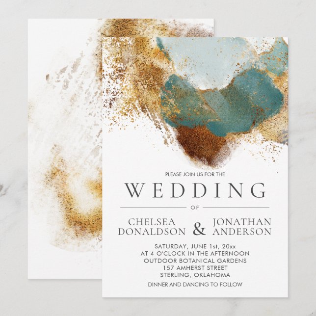 Invitation Turquoise or bronze  Aquarelle Mariage (Devant / Derrière)