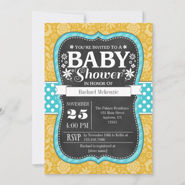 Invitation Turquoise or Chalkboard Floral Baby shower Invitat (Devant)