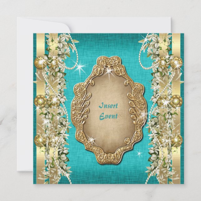 Invitation Turquoise or mariage anniversaire fiançailles (Devant)