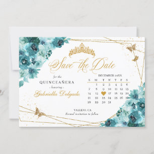 Invitation Turquoise & Or Quinceañera Enregistrer La Date