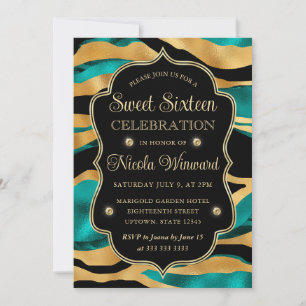 Invitation Turquoise Or Tigre Rayé Glam Anniversaire 16 Ans D