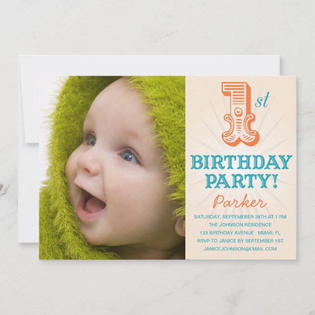 INVITATION TURQUOISE & ORANGE 1ER | PREMIER ANNIVERSAIRE INVI (Devant)
