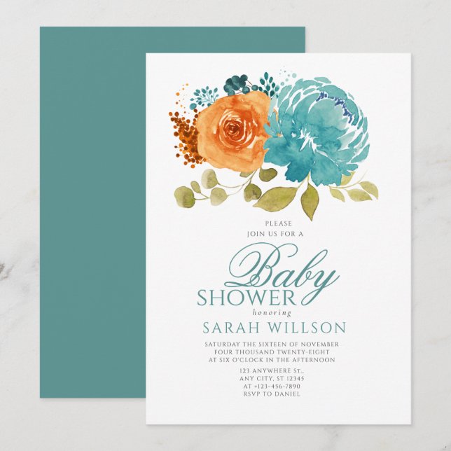 Invitation Turquoise Orange Boho FallTerracotta Baby shower F (Devant / Derrière)