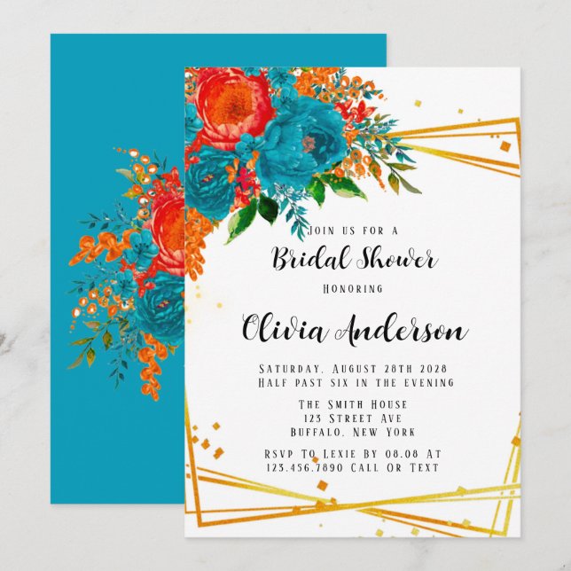Invitation Turquoise Orange Botanique Florales Fête des marié (Devant / Derrière)