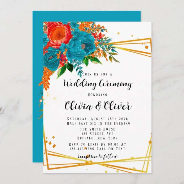 Invitation Turquoise Orange Botanique Florals Mariage or (Devant / Derrière)