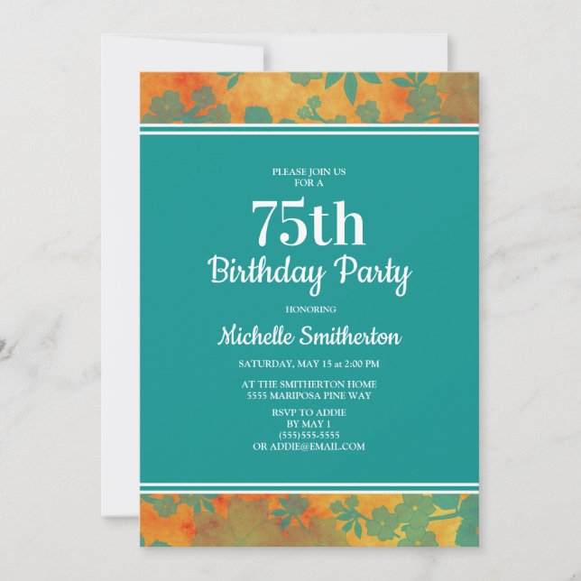Invitation Turquoise Orange Floral 75e fête d'anniversaire (Devant)