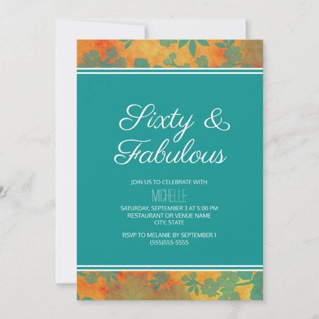 Invitation Turquoise Orange Floral Soixante Fabuleux Annivers (Devant)
