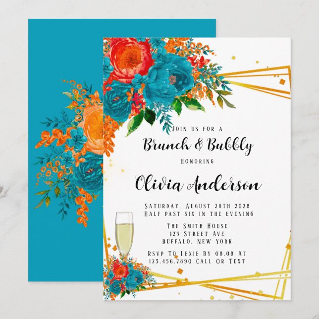 Invitation Turquoise Orange Red Florals Gold Brunch et Bubbly (Devant / Derrière)