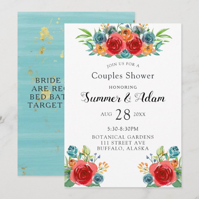 Invitation Turquoise Orange Red Florals Gold Couples Douche (Devant / Derrière)