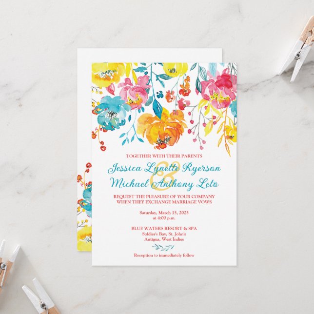 Invitation Turquoise, Orange, Rose, Blanc Destination Mariage (Devant/Arrière en situation)