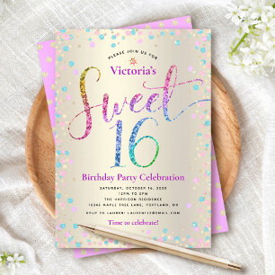 Invitation Turquoise Pailleté Violet Anniversaire 16 Ans Or