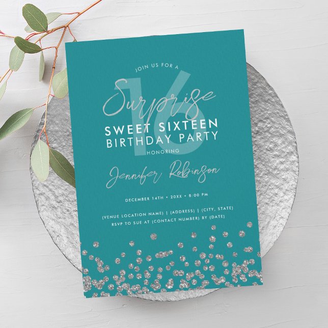 Invitation Turquoise Parties scintillant Argent Surprise Swee (Turquoise Silver Glitter Surprise Sweet 16 Invitation)