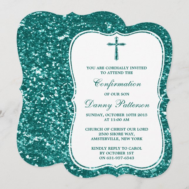 Invitation Turquoise Parties scintillant Croix Sainte Communi (Devant / Derrière)