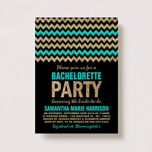 Invitation Turquoise, Parties scintillant Or Chevron Bachelor (Créateur téléchargé)