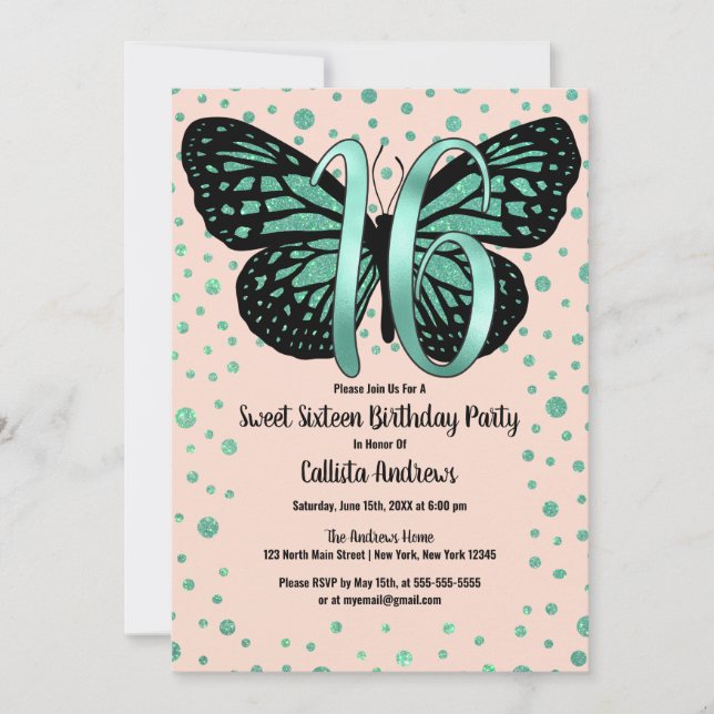 Invitation Turquoise Parties scintillant papillon rose Confet (Devant)