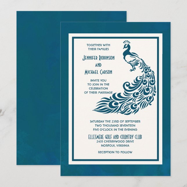 Invitation Turquoise Peacock l Bold Design Art déco élégant (Devant / Derrière)