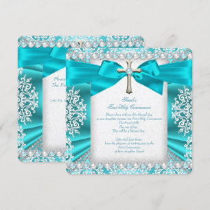 Invitation Turquoise Pearl Blanc Première Sainte Communion Fi