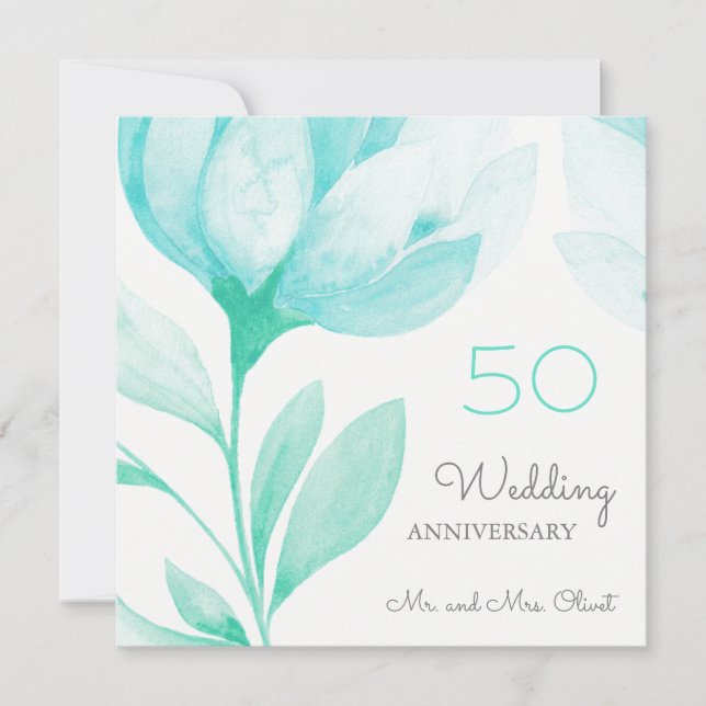 Invitation Turquoise Peonies Mariage Anniversaire 50 ans (Devant)