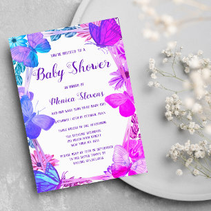 Invitation Turquoise Pink Purple Floral Papillon Baby shower