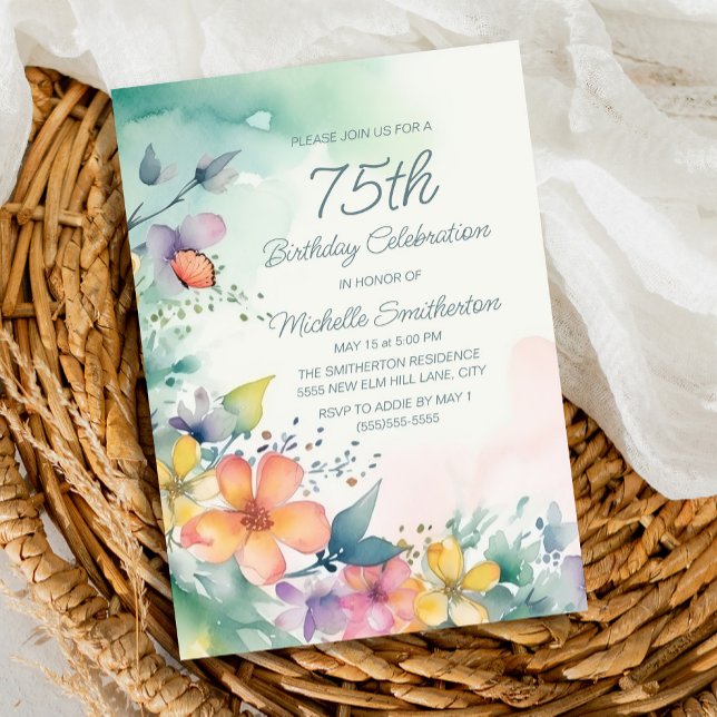 Invitation Turquoise Pink Yellow Pastel Floral 75e anniversai (Spring watercolor flowers on teal 75th birthday party invitation)