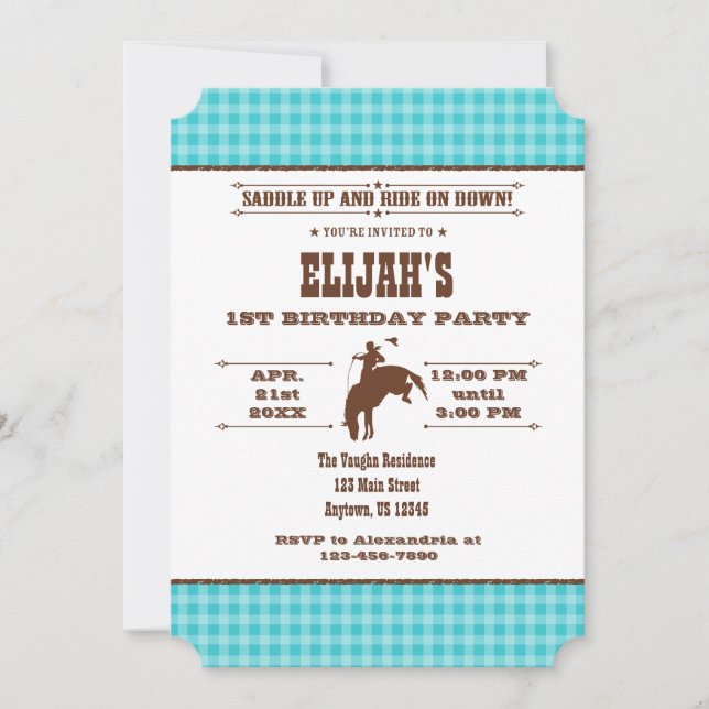 Invitation Turquoise Plaid Cowboy Rodeo Anniversaire Invitati (Devant)