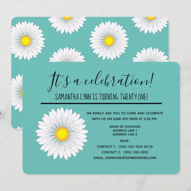 Invitation Turquoise Pretty Little Daisy 21e fête d'anniversa (Devant / Derrière)