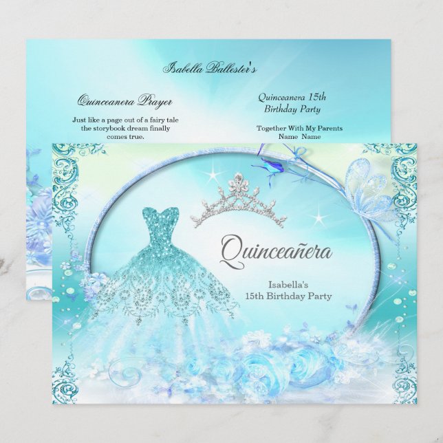Invitation Turquoise princesse Quinceanera Robe magique (Devant / Derrière)
