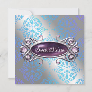 Invitation Turquoise Purple Damask Sweet 16 Anniversaire